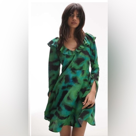NWT Topshop animal Print ruffled Fit and Flare dress w Bell Sleeves size W4 - Picture 1 of 7